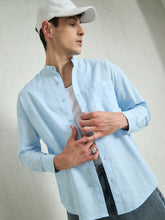 Blue & White Stripes Mandarin Collar Relax Fit Shirt-MASCLN SASSAFRAS