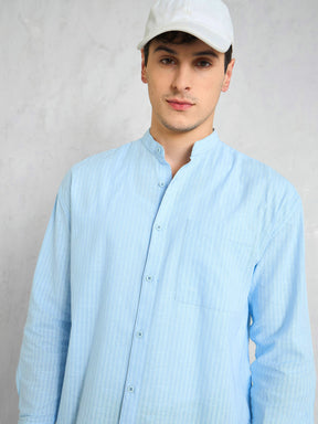 Blue & White Stripes Mandarin Collar Relax Fit Shirt-MASCLN SASSAFRAS