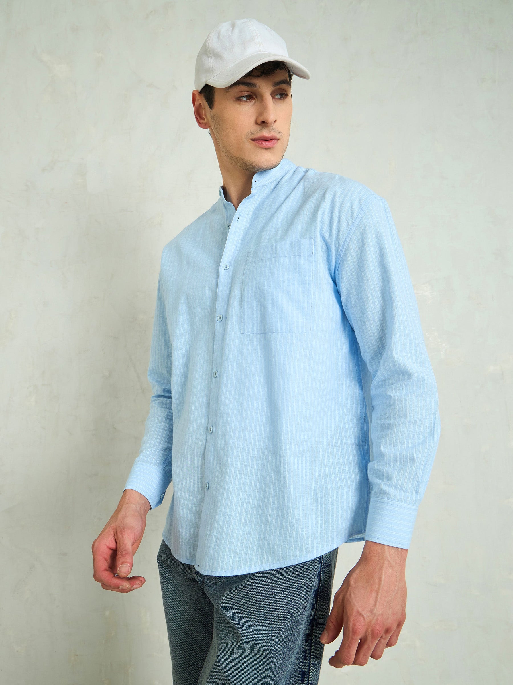 Blue & White Stripes Mandarin Collar Relax Fit Shirt-MASCLN SASSAFRAS