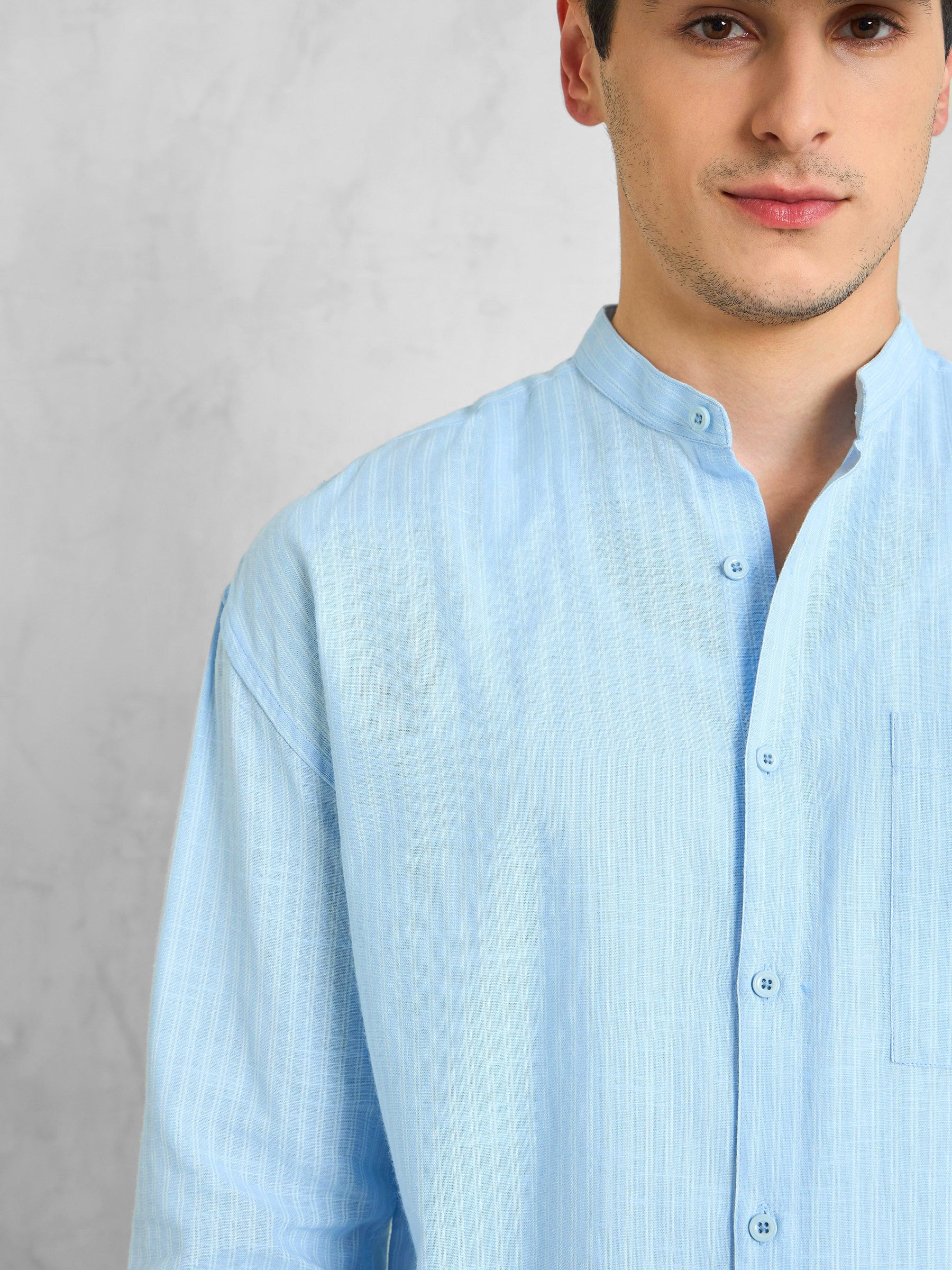 Blue & White Stripes Mandarin Collar Relax Fit Shirt-MASCLN SASSAFRAS