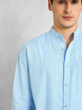 Blue & White Stripes Mandarin Collar Relax Fit Shirt-MASCLN SASSAFRAS