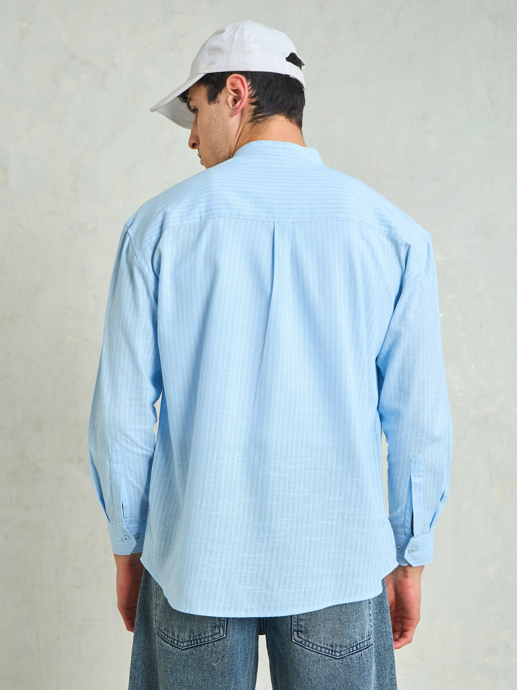 Blue & White Stripes Mandarin Collar Relax Fit Shirt-MASCLN SASSAFRAS
