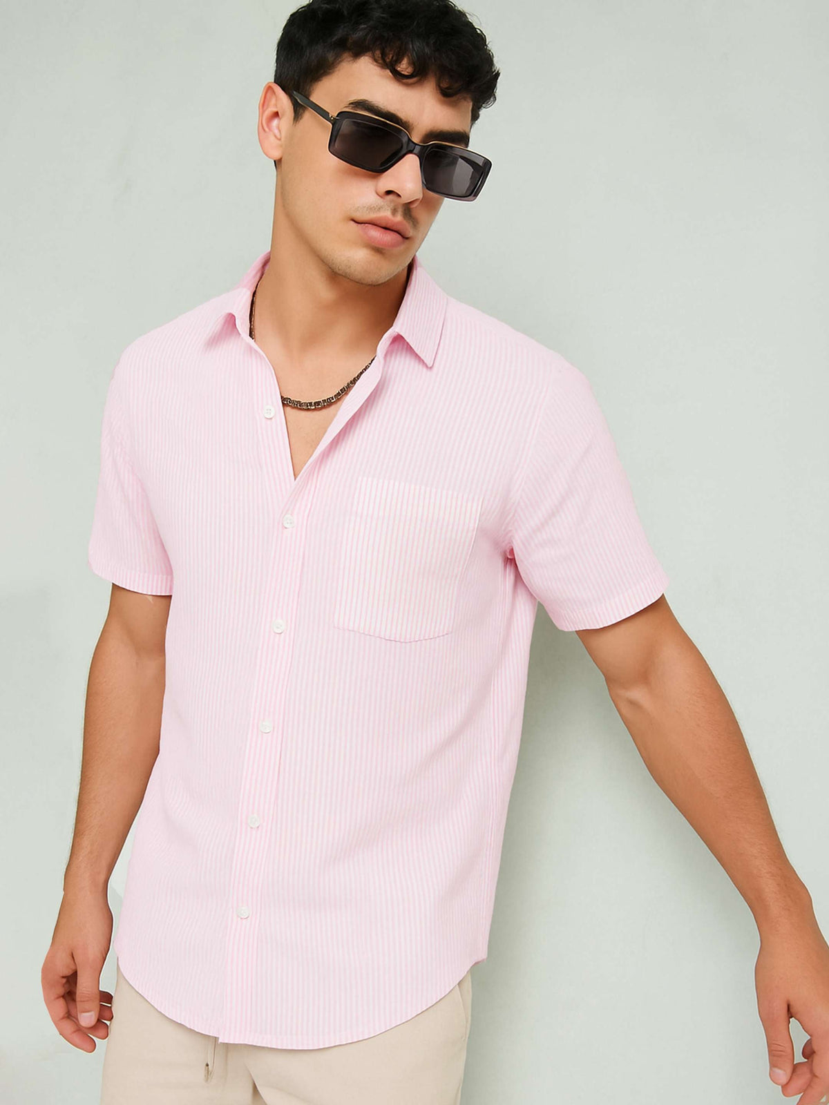 Pink & White Stripes Short Sleeve Shirt-MASCLN SASSAFRAS