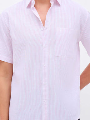 Pink & White Stripes Short Sleeve Shirt-MASCLN SASSAFRAS