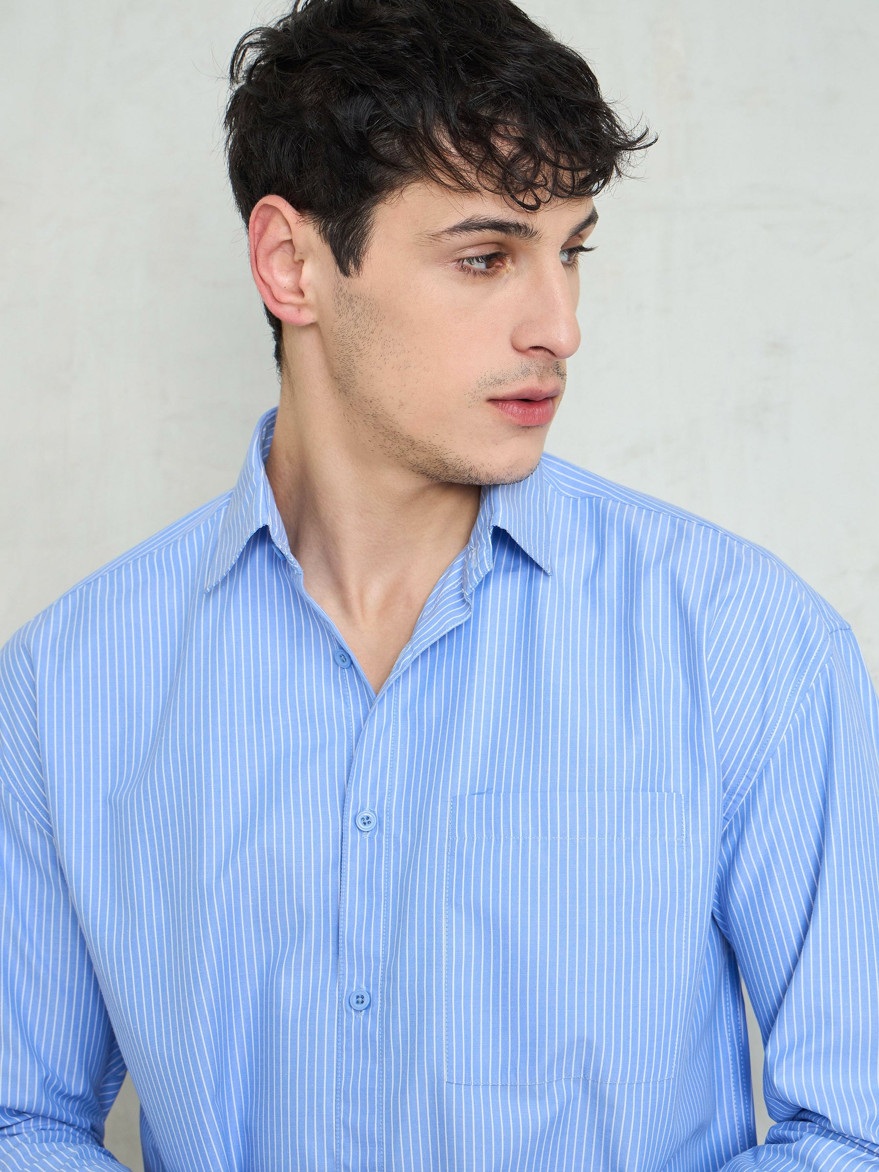 Blue & White Stripes Basic Relax Fit Shirt-MASCLN SASSAFRAS