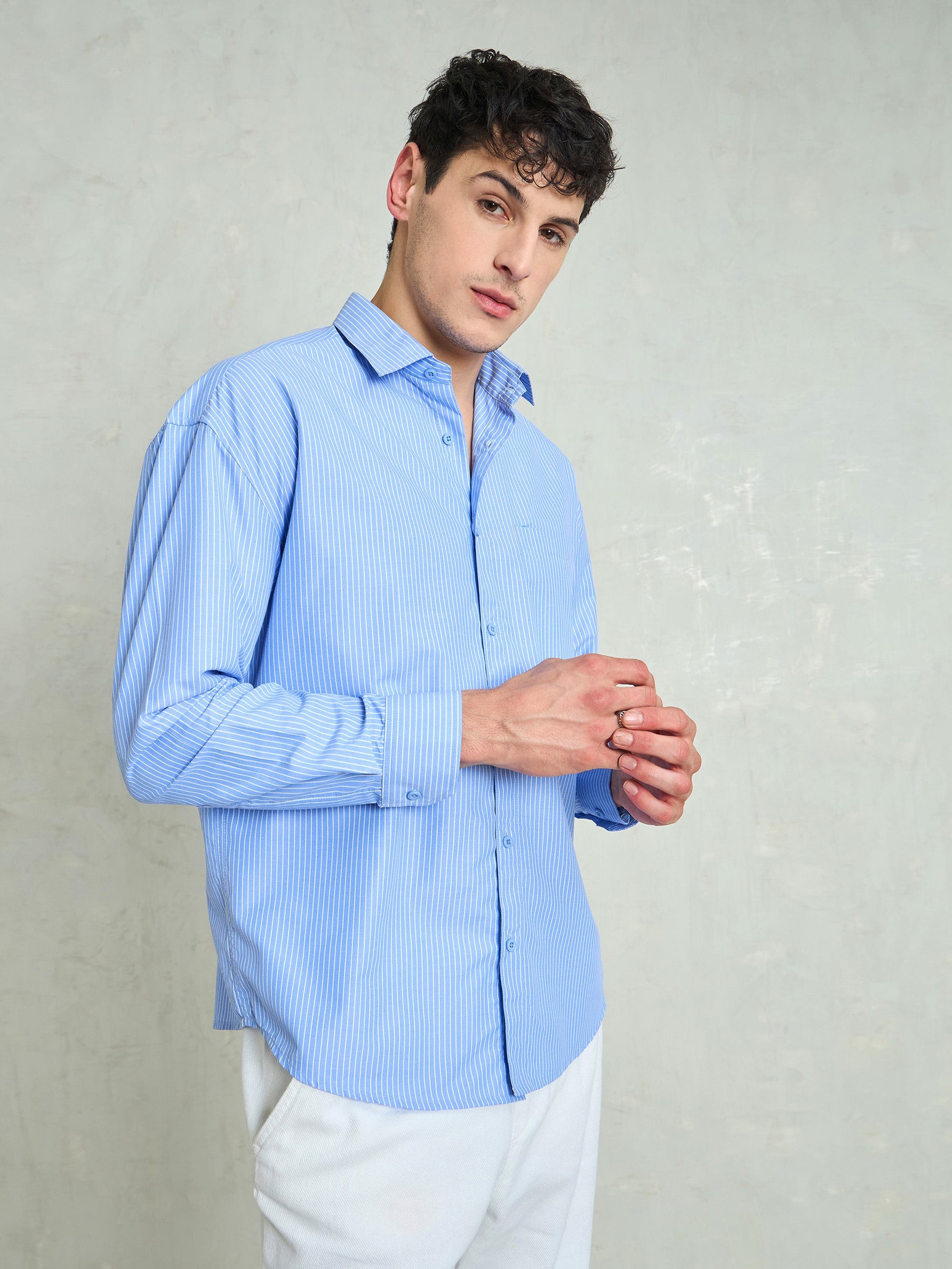 Blue & White Stripes Basic Relax Fit Shirt-MASCLN SASSAFRAS