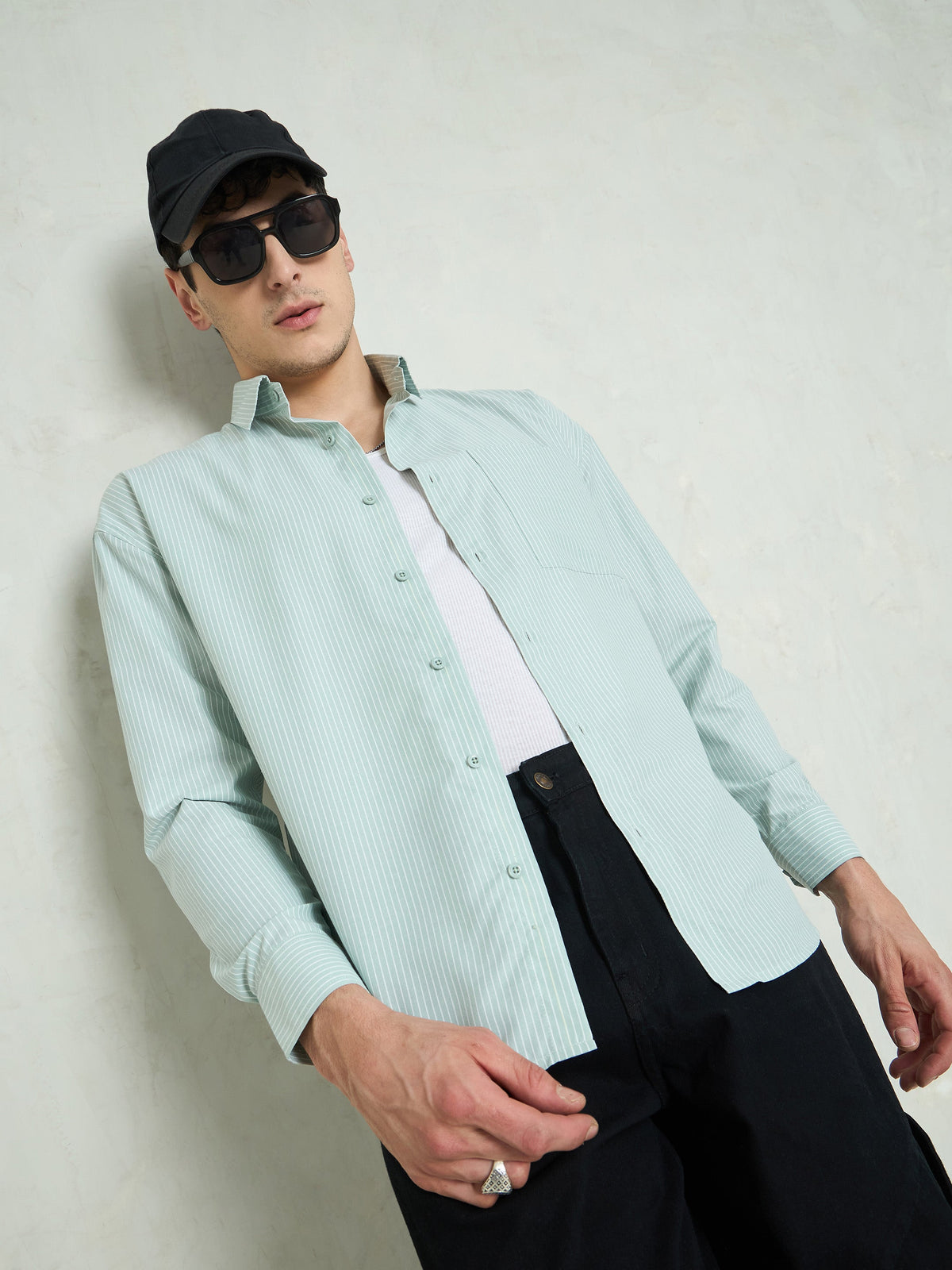 Green & White Stripes Basic Relax Fit Shirt-MASCLN SASSAFRAS