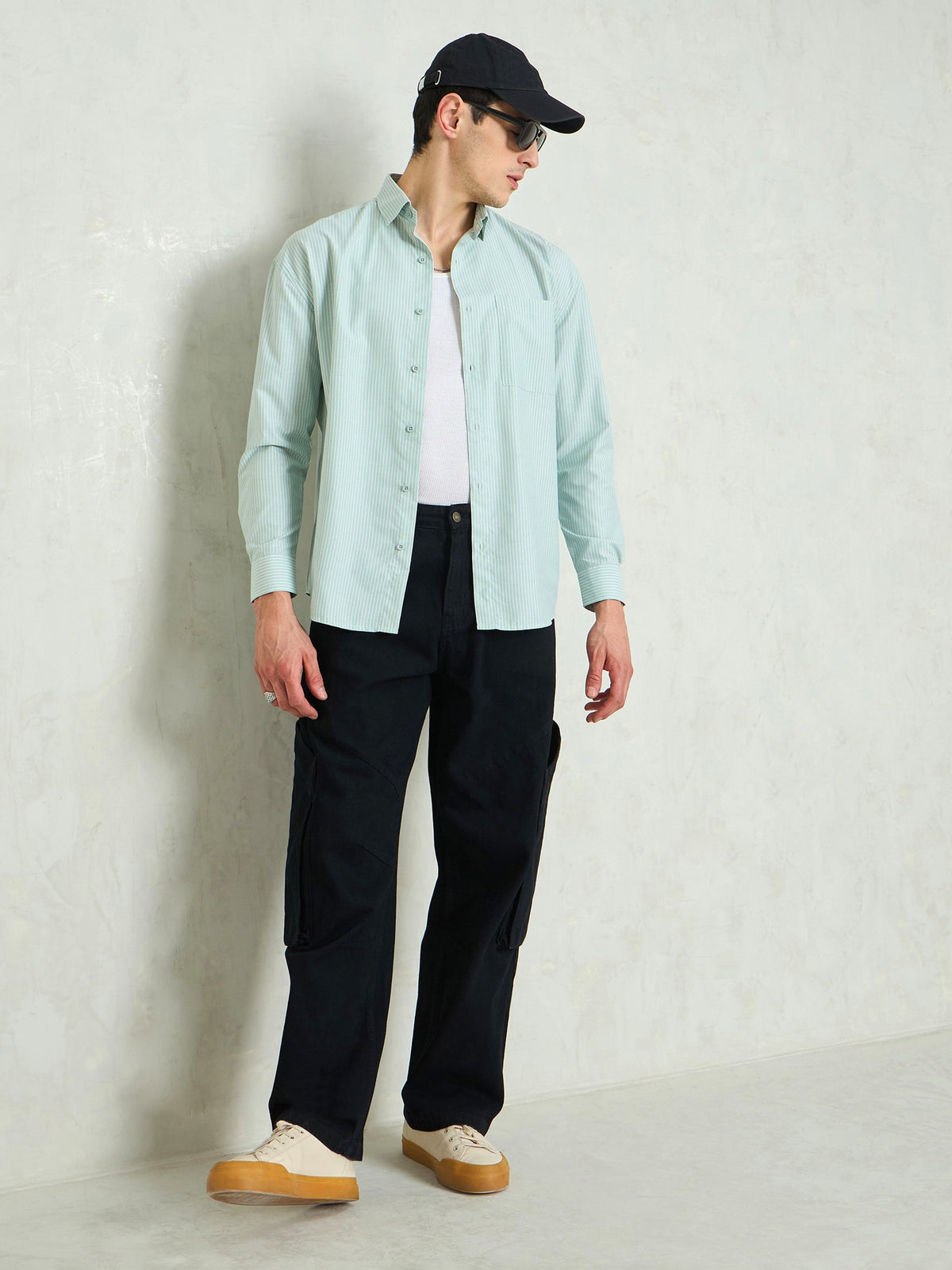 Green & White Stripes Basic Relax Fit Shirt-MASCLN SASSAFRAS