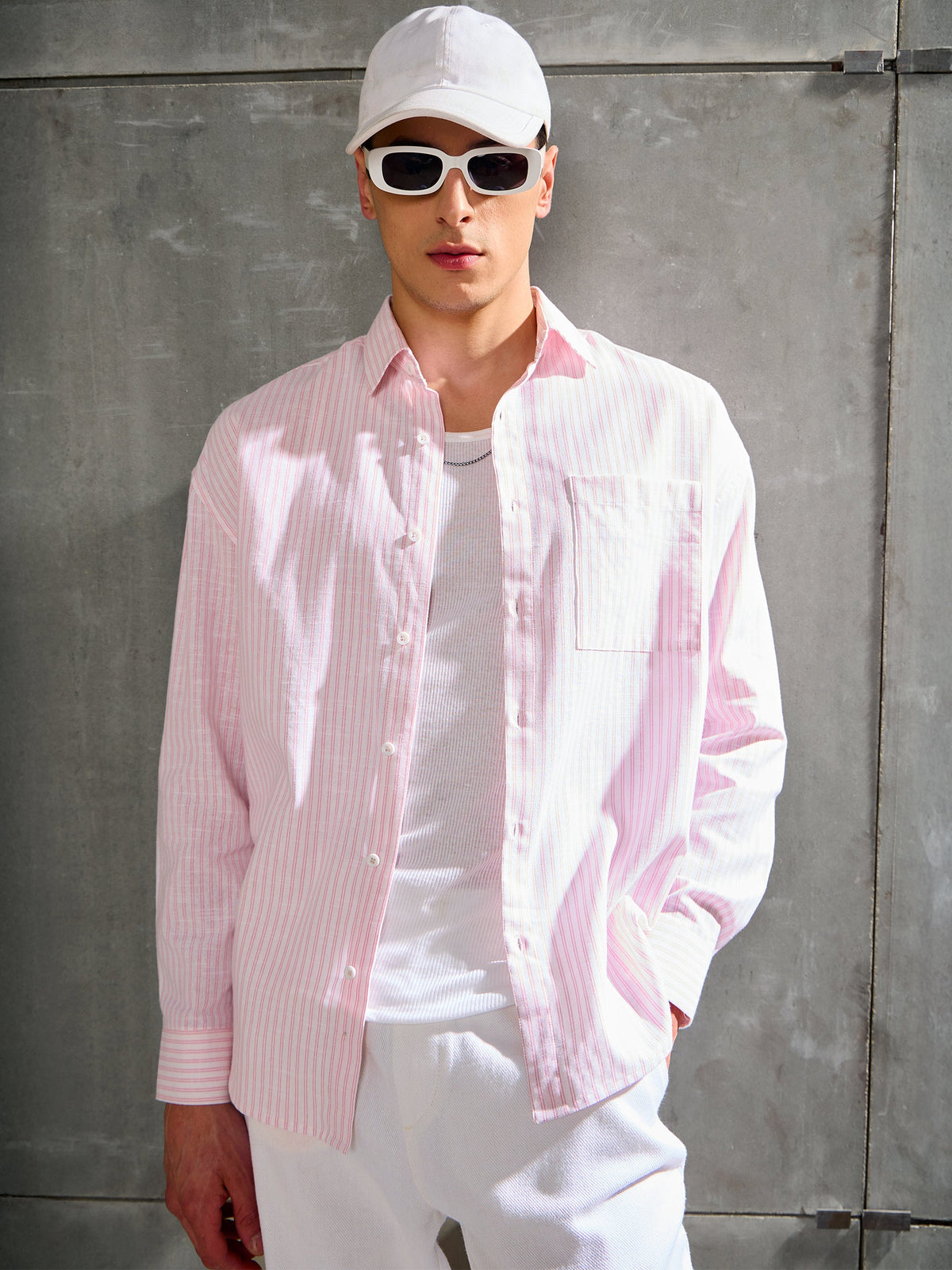 White & Pink Stripe Basic Relax Fit Shirt-MASCLN SASSAFRAS