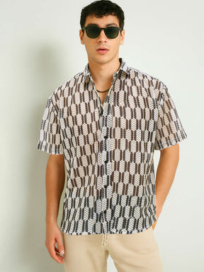 Beige & Black Geometric Print Crochet Shirt-MASCLN SASSAFRAS