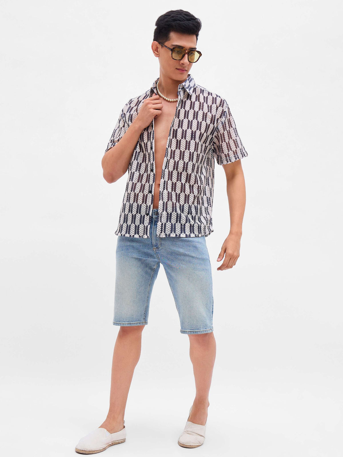 Beige & Black Geometric Print Crochet Shirt-MASCLN SASSAFRAS