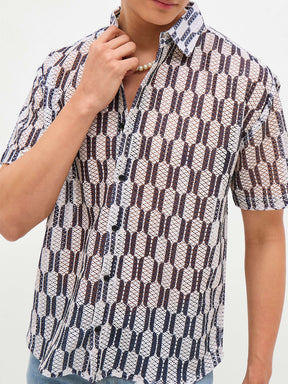 Beige & Black Geometric Print Crochet Shirt-MASCLN SASSAFRAS