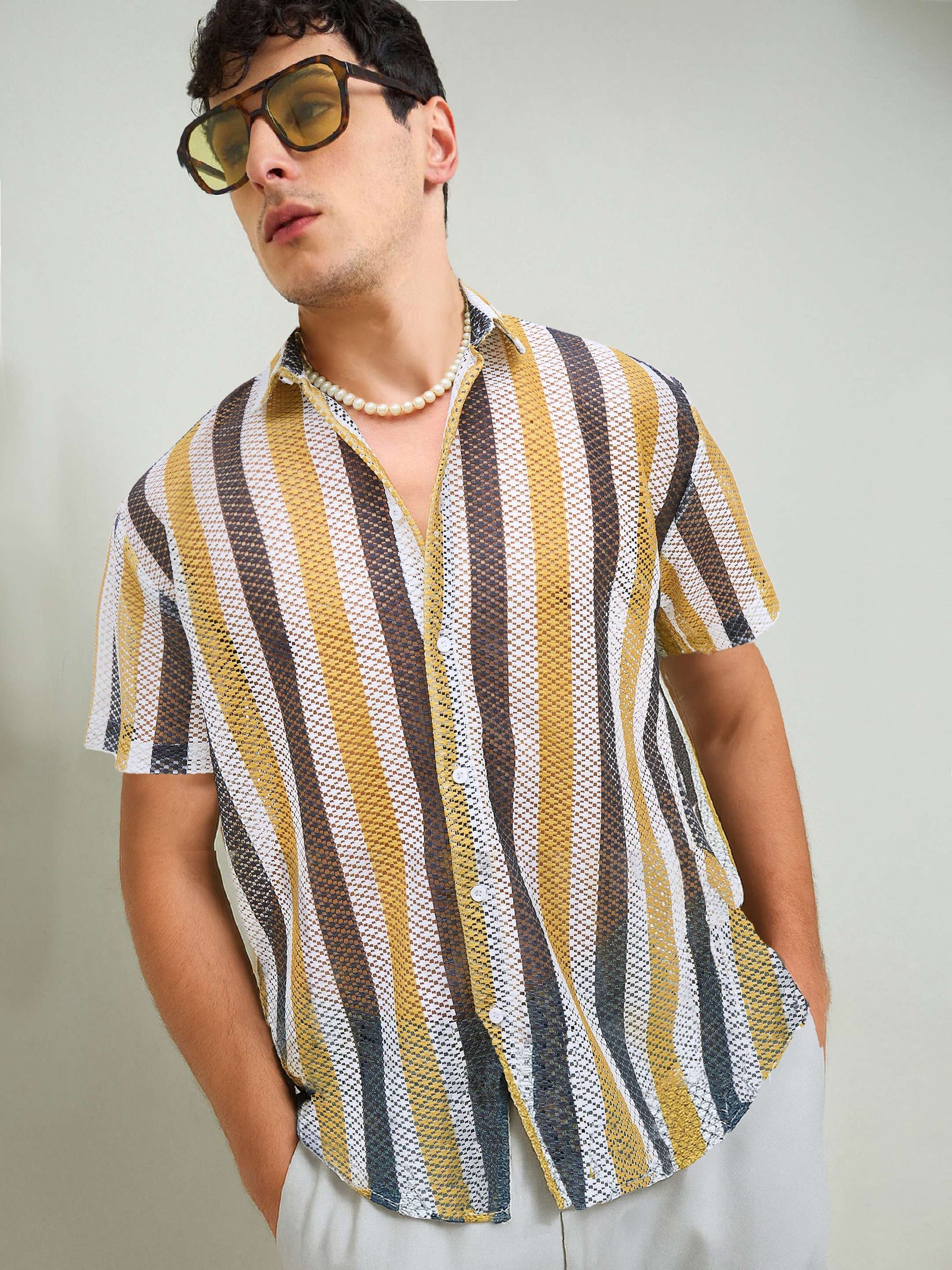 Mustard & White Stripes Crochet Shirt-MASCLN SASSAFRAS