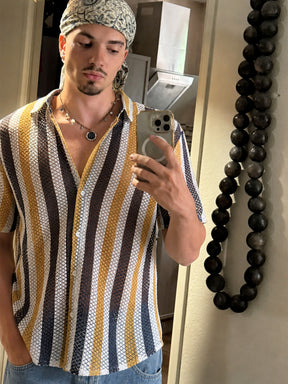Men Mustard & White Stripes Crochet Shirt