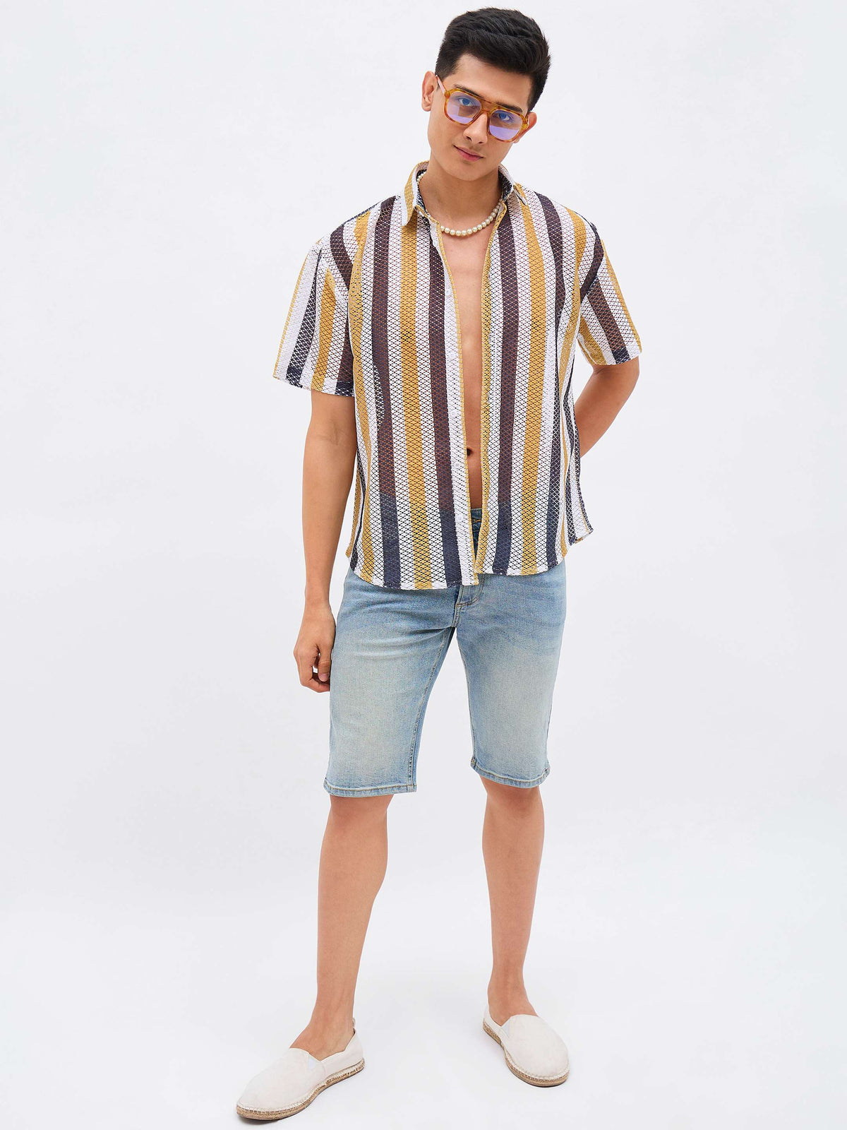 Mustard & White Stripes Crochet Shirt-MASCLN SASSAFRAS
