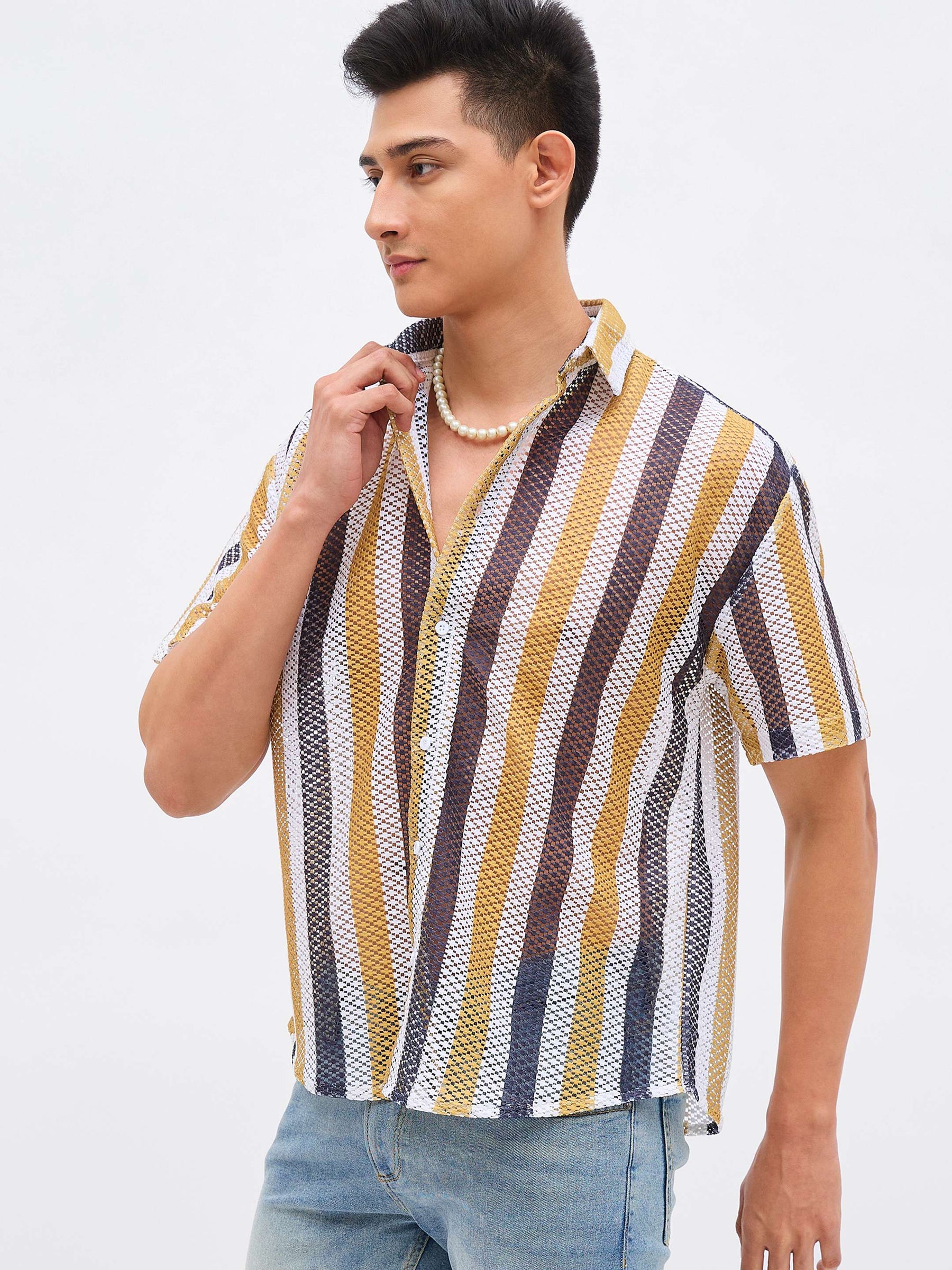 Mustard & White Stripes Crochet Shirt-MASCLN SASSAFRAS