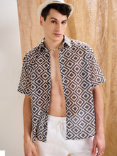 Black & White Geometric Print Crochet Shirt-MASCLN SASSAFRAS