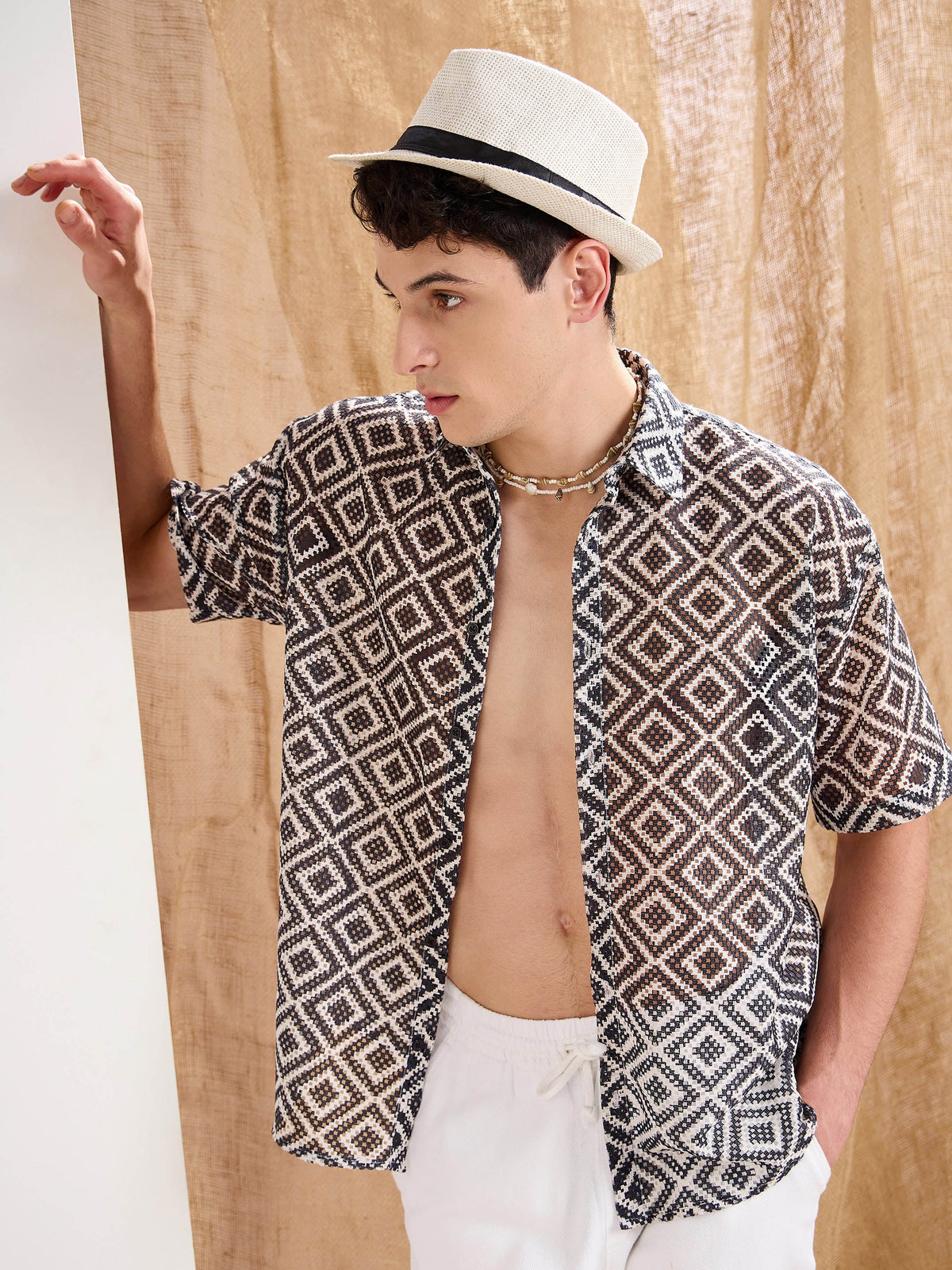 Black & White Geometric Print Crochet Shirt-MASCLN SASSAFRAS
