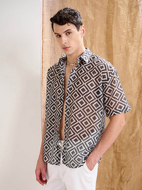 Black & White Geometric Print Crochet Shirt-MASCLN SASSAFRAS