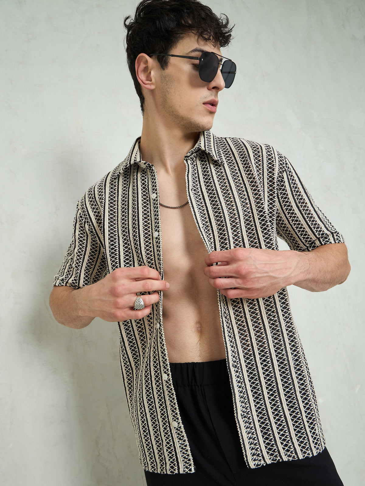 Black & Beige Lace Relax Fit Shirt-MASCLN SASSAFRAS