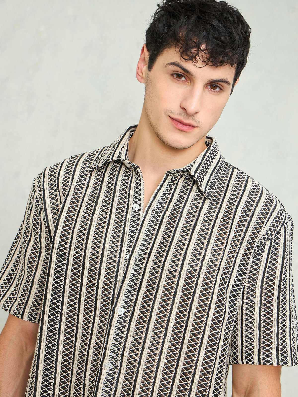 Black & Beige Lace Relax Fit Shirt-MASCLN SASSAFRAS