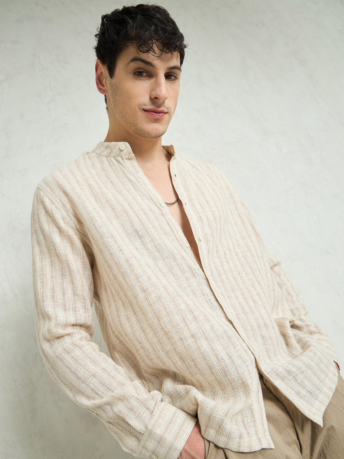 Beige & Brown Cotton Stripes Mandarin Collar Relax Fit Shirt-MASCLN SASSAFRAS