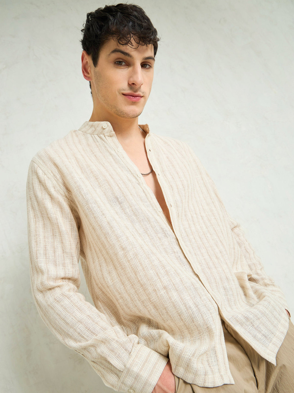 Beige & Brown Cotton Stripes Mandarin Collar Relax Fit Shirt-MASCLN SASSAFRAS