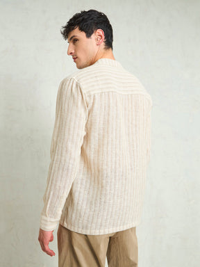 Beige & Brown Cotton Stripes Mandarin Collar Relax Fit Shirt-MASCLN SASSAFRAS