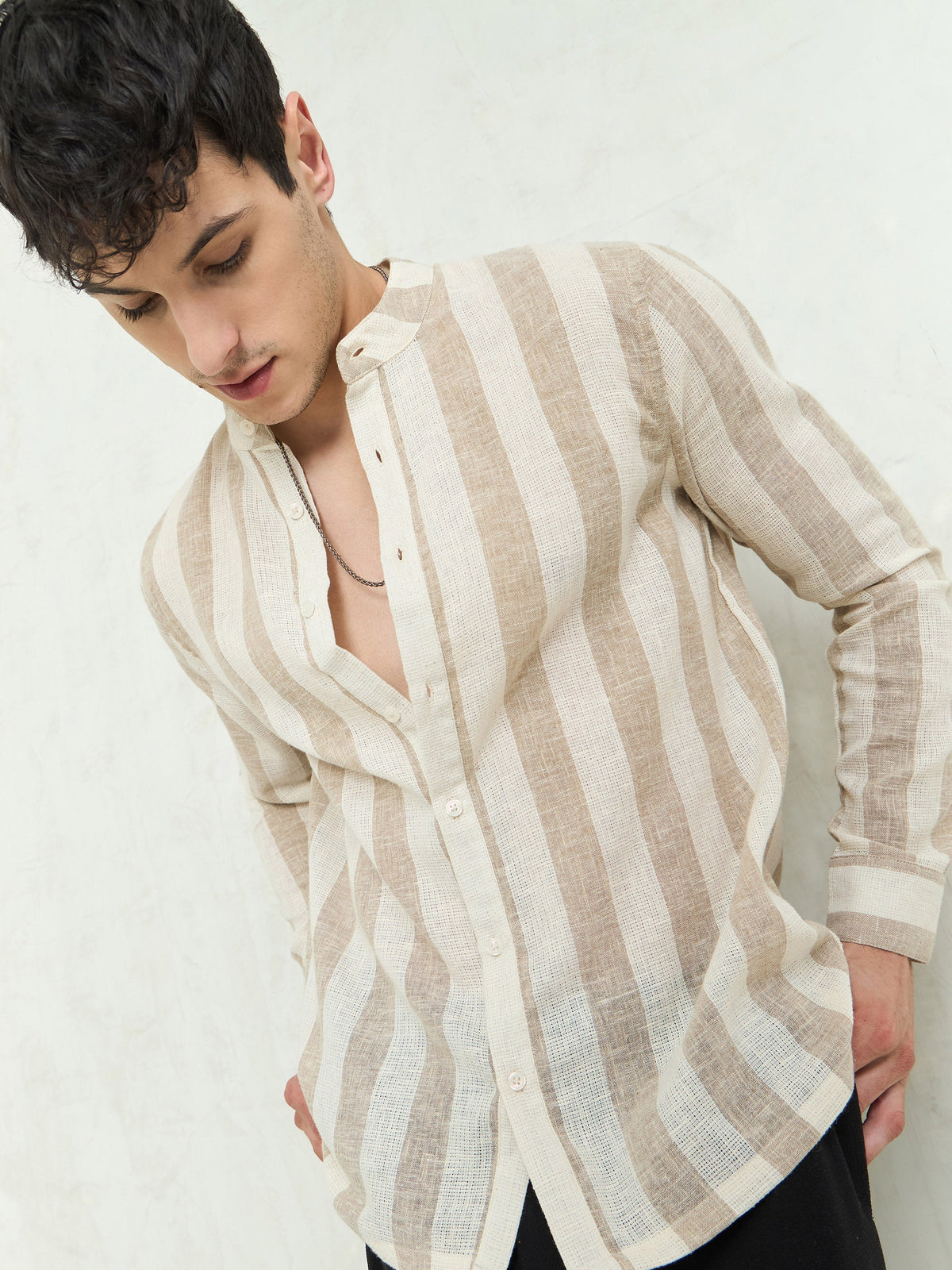 Brown & Beige Cotton Stripes Mandarin Collar Relax Fit Shirt-MASCLN SASSAFRAS