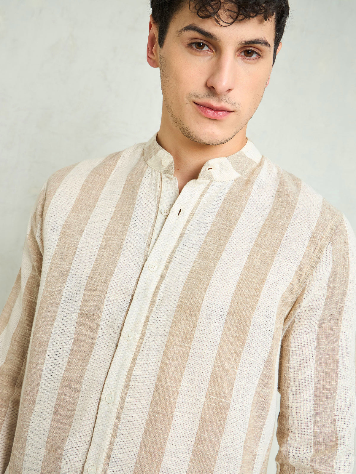 Brown & Beige Cotton Stripes Mandarin Collar Relax Fit Shirt-MASCLN SASSAFRAS