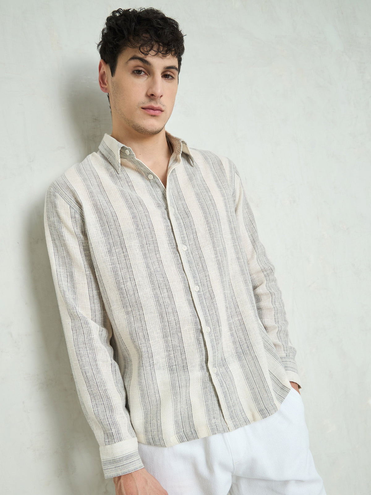 Beige & Grey Cotton Stripes Relax Fit Shirt-MASCLN SASSAFRAS