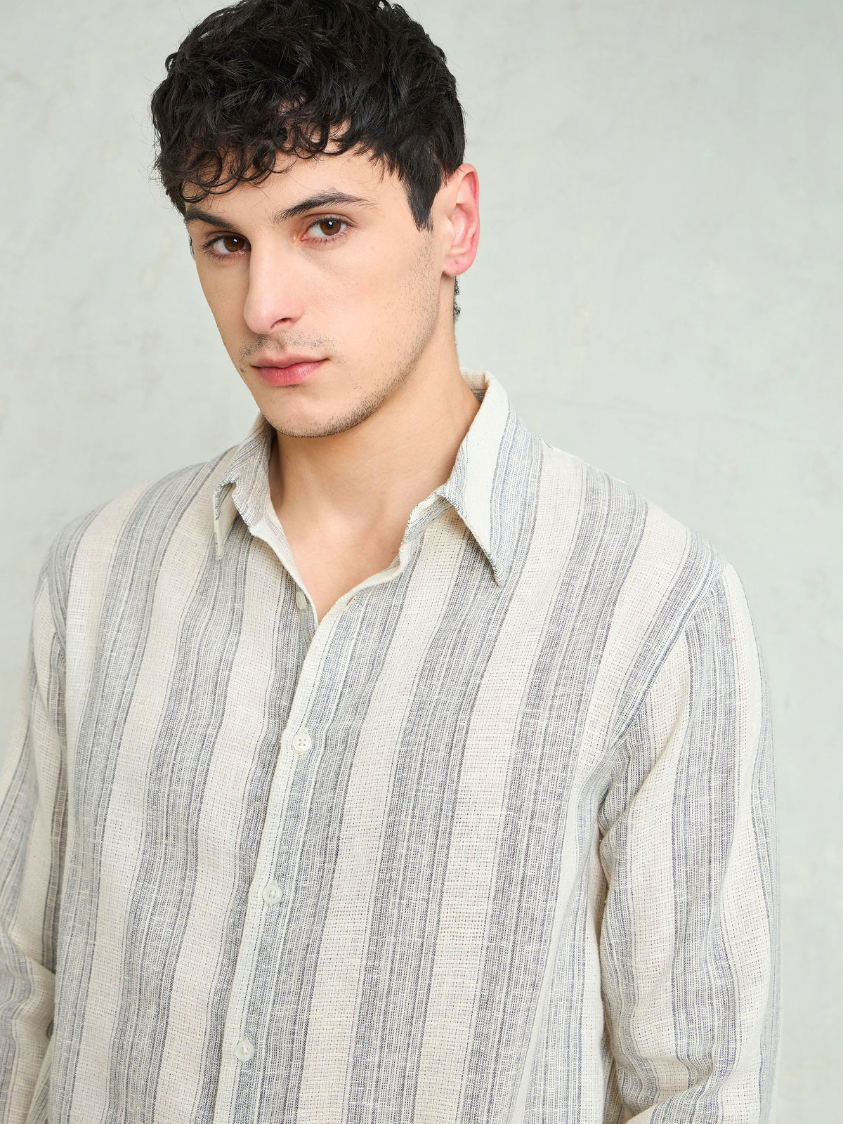 Beige & Grey Cotton Stripes Relax Fit Shirt-MASCLN SASSAFRAS