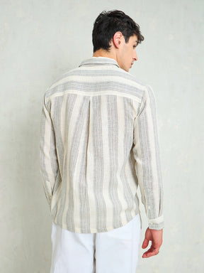 Beige & Grey Cotton Stripes Relax Fit Shirt-MASCLN SASSAFRAS