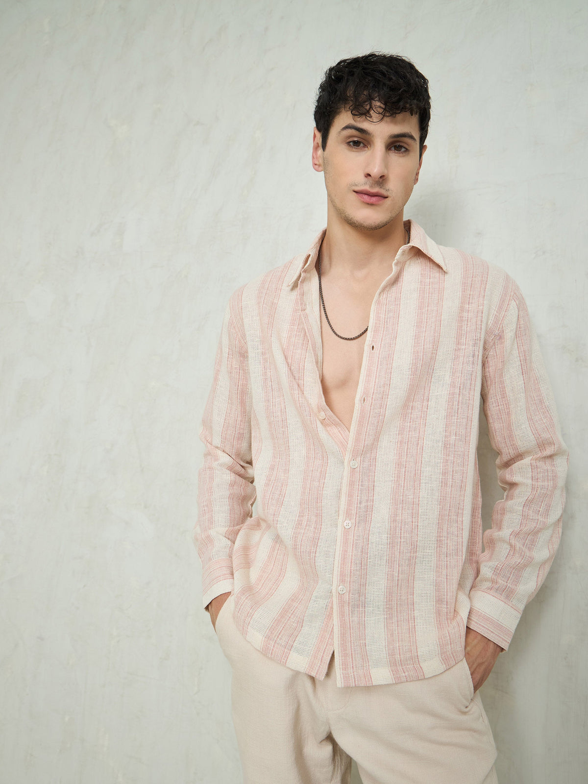 Beige & Pink Cotton Stripes Relax Fit Shirt-MASCLN SASSAFRAS