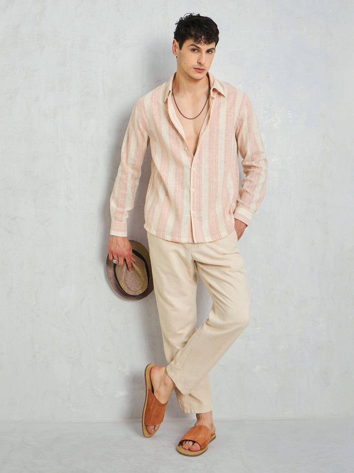 Beige & Pink Cotton Stripes Relax Fit Shirt-MASCLN SASSAFRAS