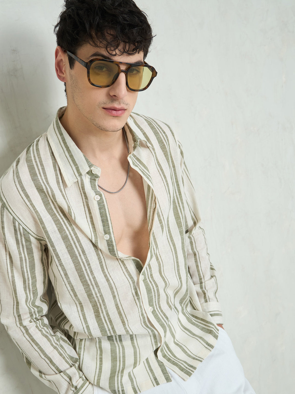 Beige & Olive Cotton Stripes Relax Fit Shirt-MASCLN SASSAFRAS