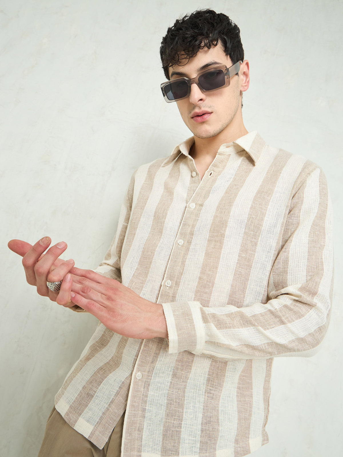 Beige & Brown  Cotton Stripes Relax Fit Shirt-MASCLN SASSAFRAS