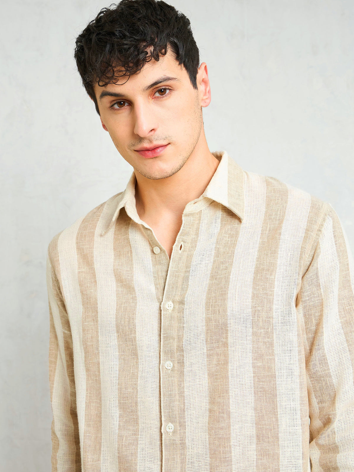 Beige & Brown  Cotton Stripes Relax Fit Shirt-MASCLN SASSAFRAS