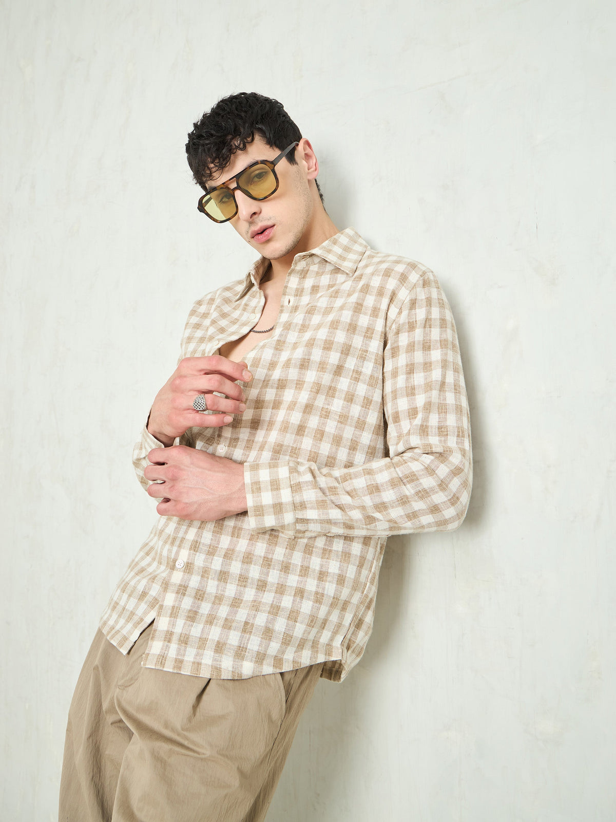 Beige & Brown Cotton Check Relax Fit Shirt-MASCLN SASSAFRAS