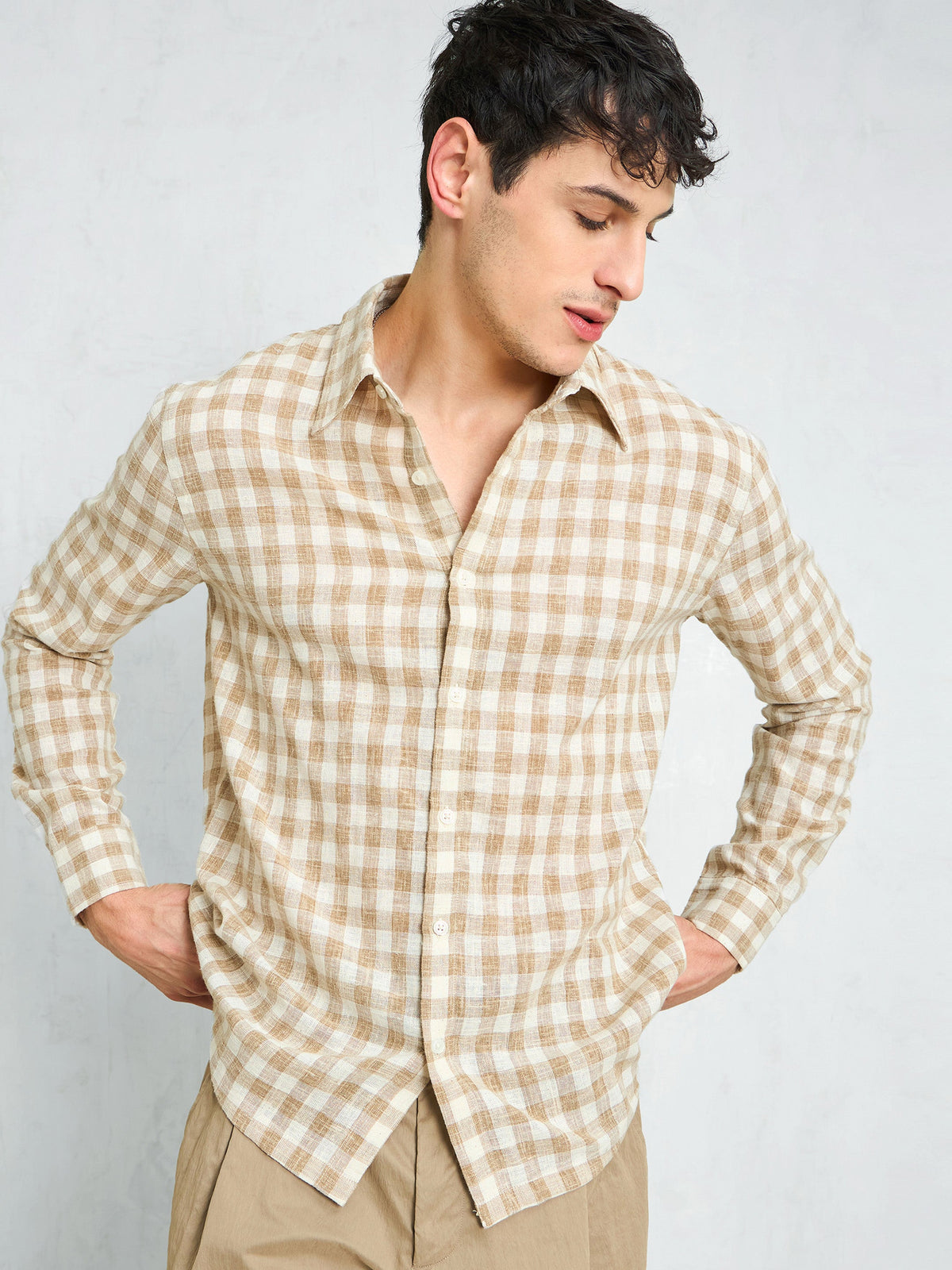 Beige & Brown Cotton Check Relax Fit Shirt-MASCLN SASSAFRAS