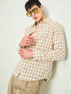Beige & Brown Cotton Check Relax Fit Shirt-MASCLN SASSAFRAS