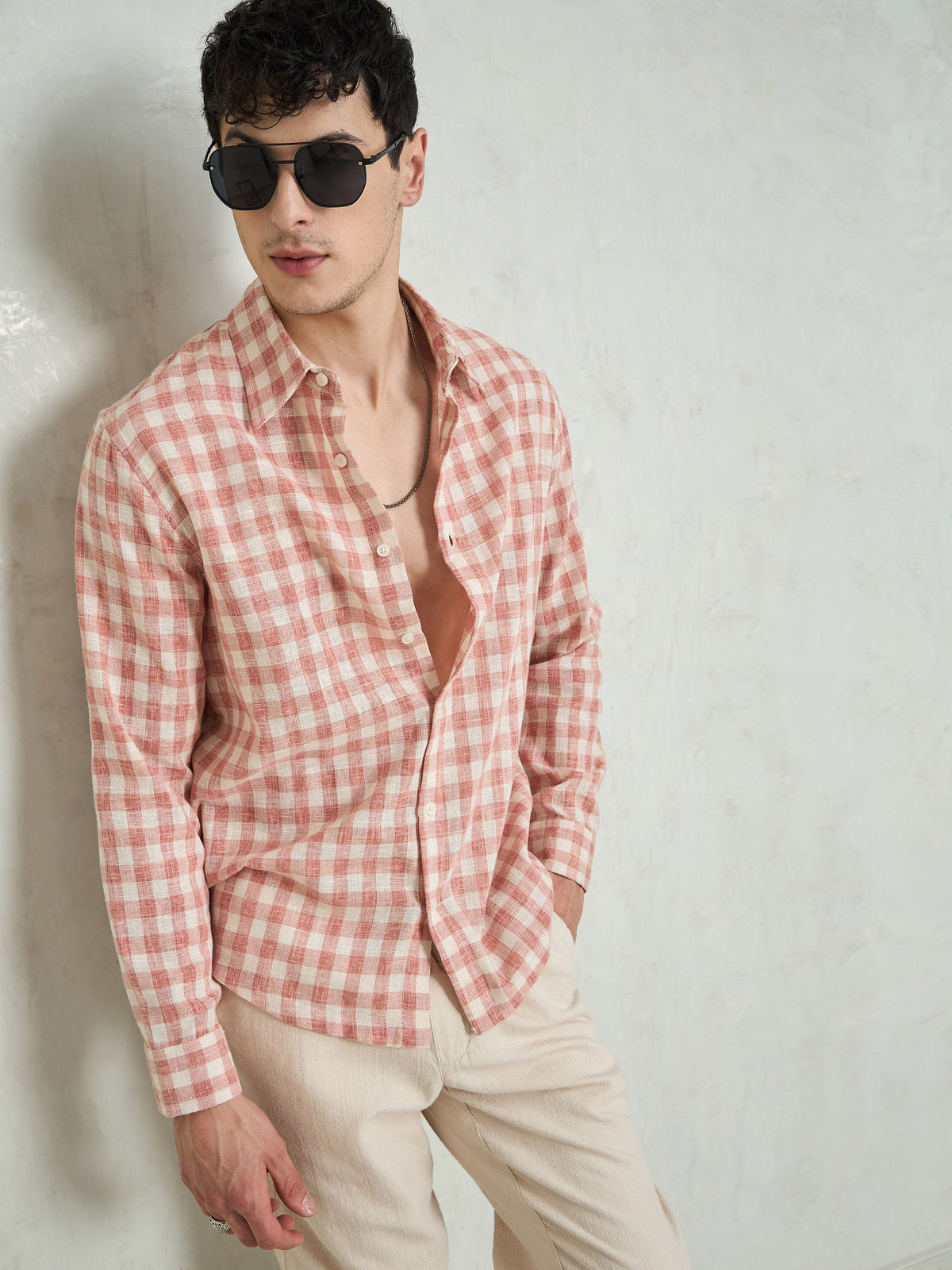 Beige & Pink Cotton Check Relax Fit Shirt-MASCLN SASSAFRAS