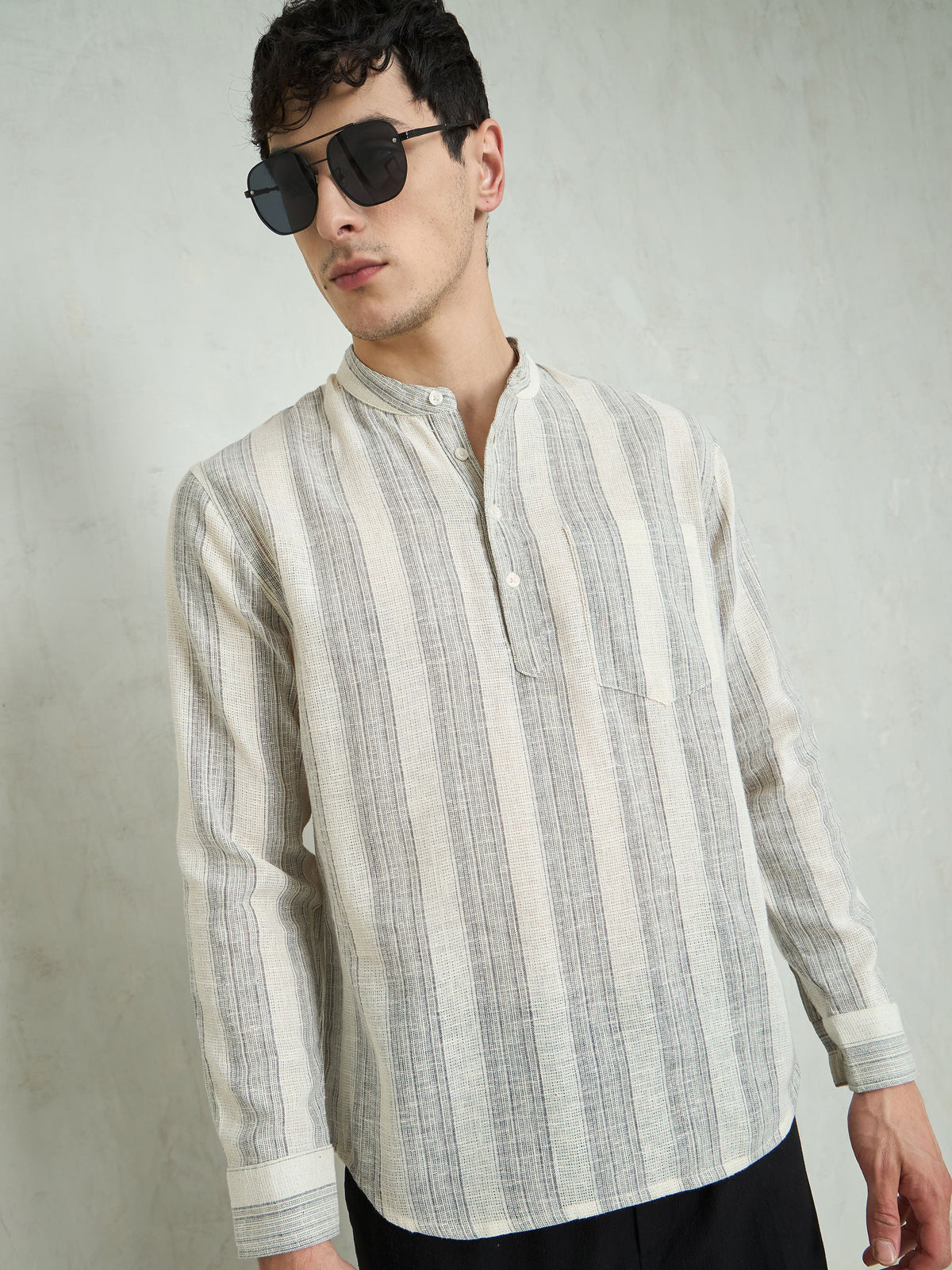 Beige & Grey Cotton Relax Fit Kurta Shirt-MASCLN SASSAFRAS