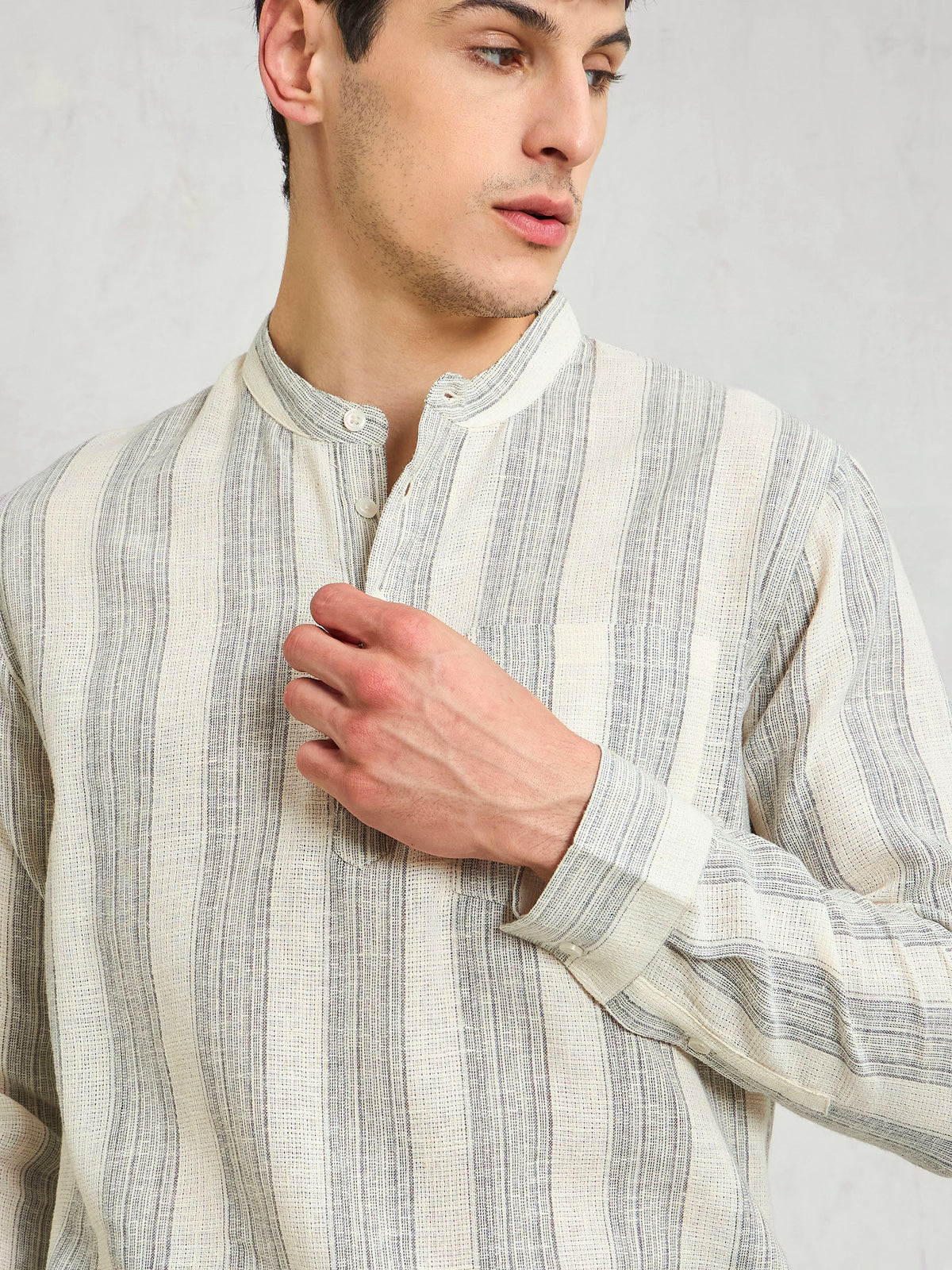 Beige & Grey Cotton Relax Fit Kurta Shirt-MASCLN SASSAFRAS