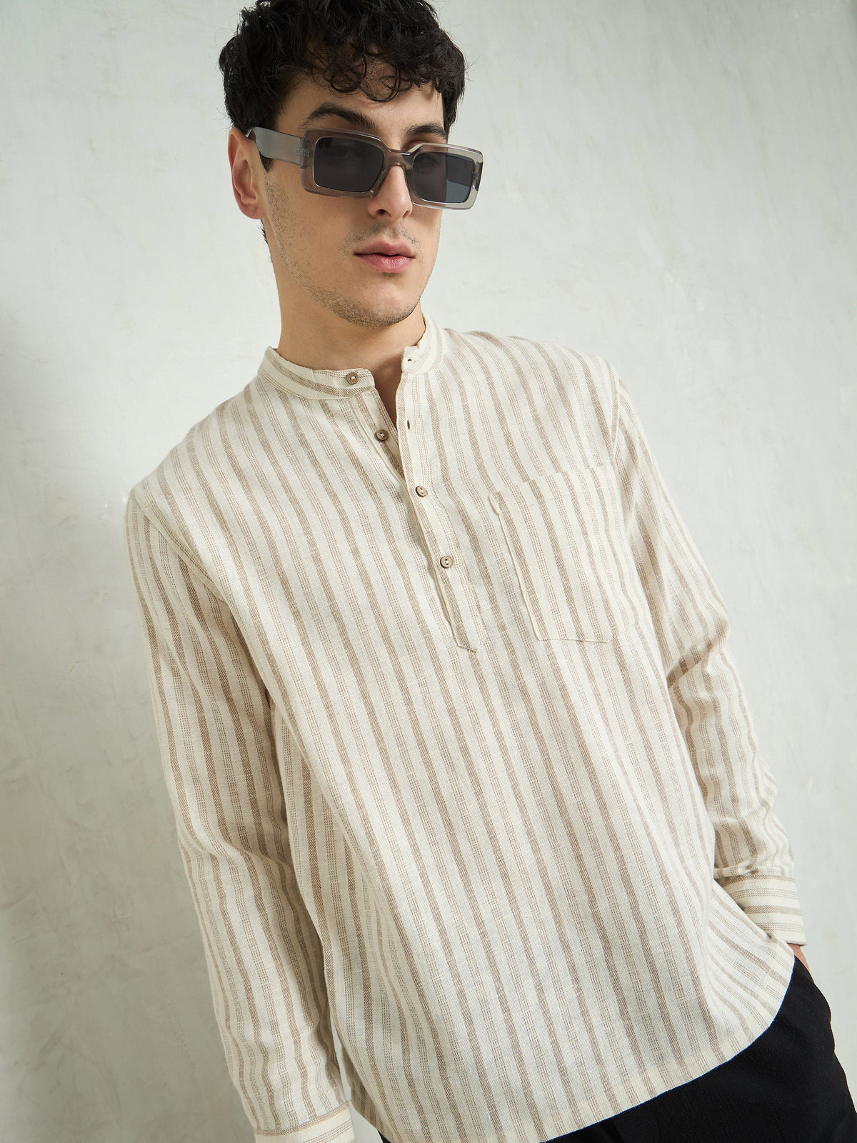 Beige & Brown Stripes Relax Fit Kurta Shirt-MASCLN SASSAFRAS