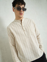 Beige & Brown Stripes Relax Fit Kurta Shirt-MASCLN SASSAFRAS