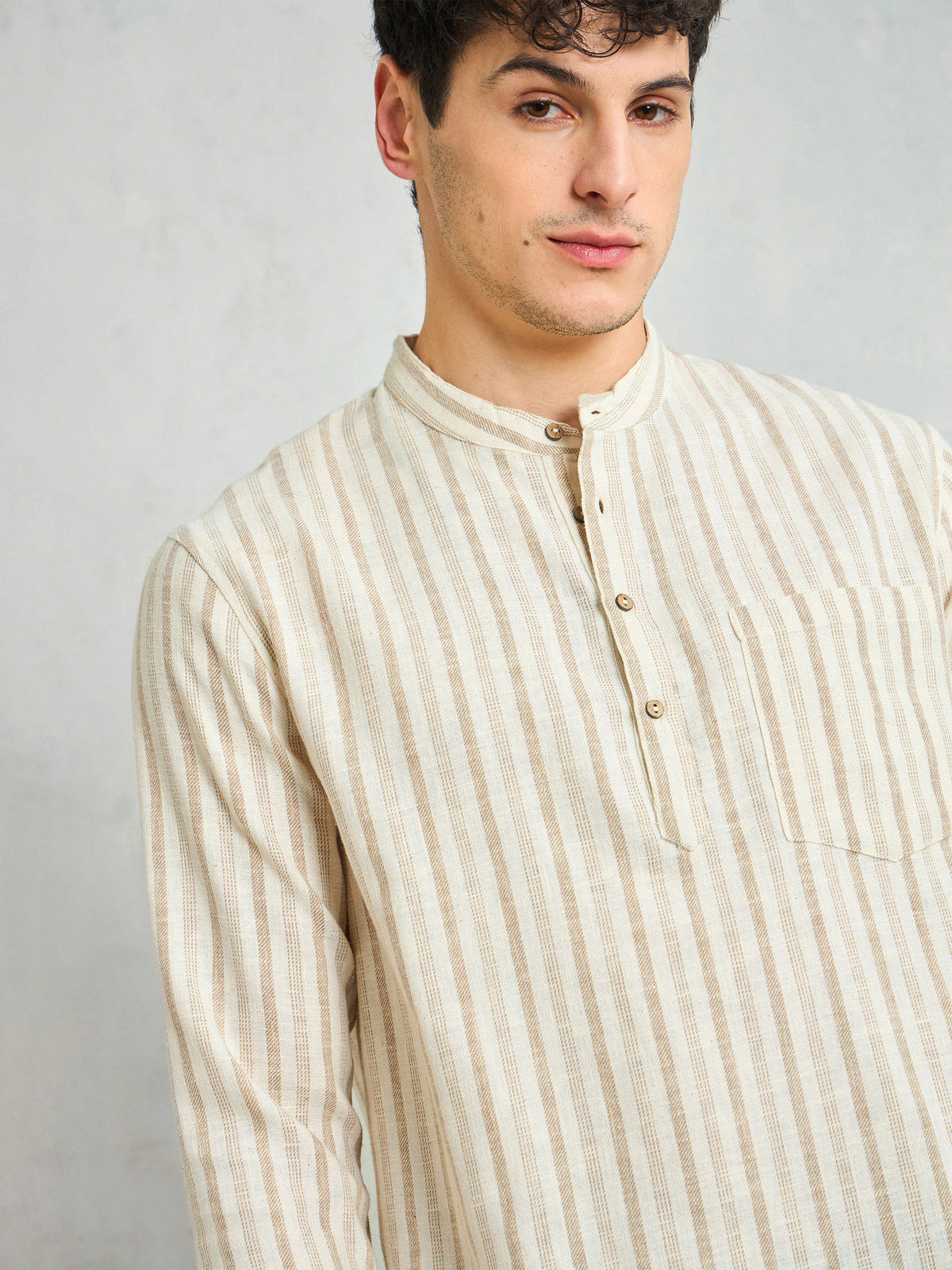 Beige & Brown Stripes Relax Fit Kurta Shirt-MASCLN SASSAFRAS
