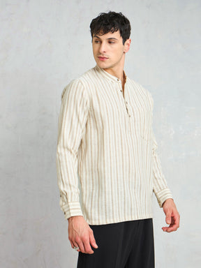 Beige & Brown Stripes Relax Fit Kurta Shirt-MASCLN SASSAFRAS