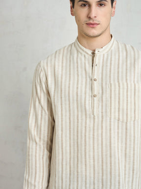 Beige & Brown Stripes Relax Fit Kurta Shirt-MASCLN SASSAFRAS