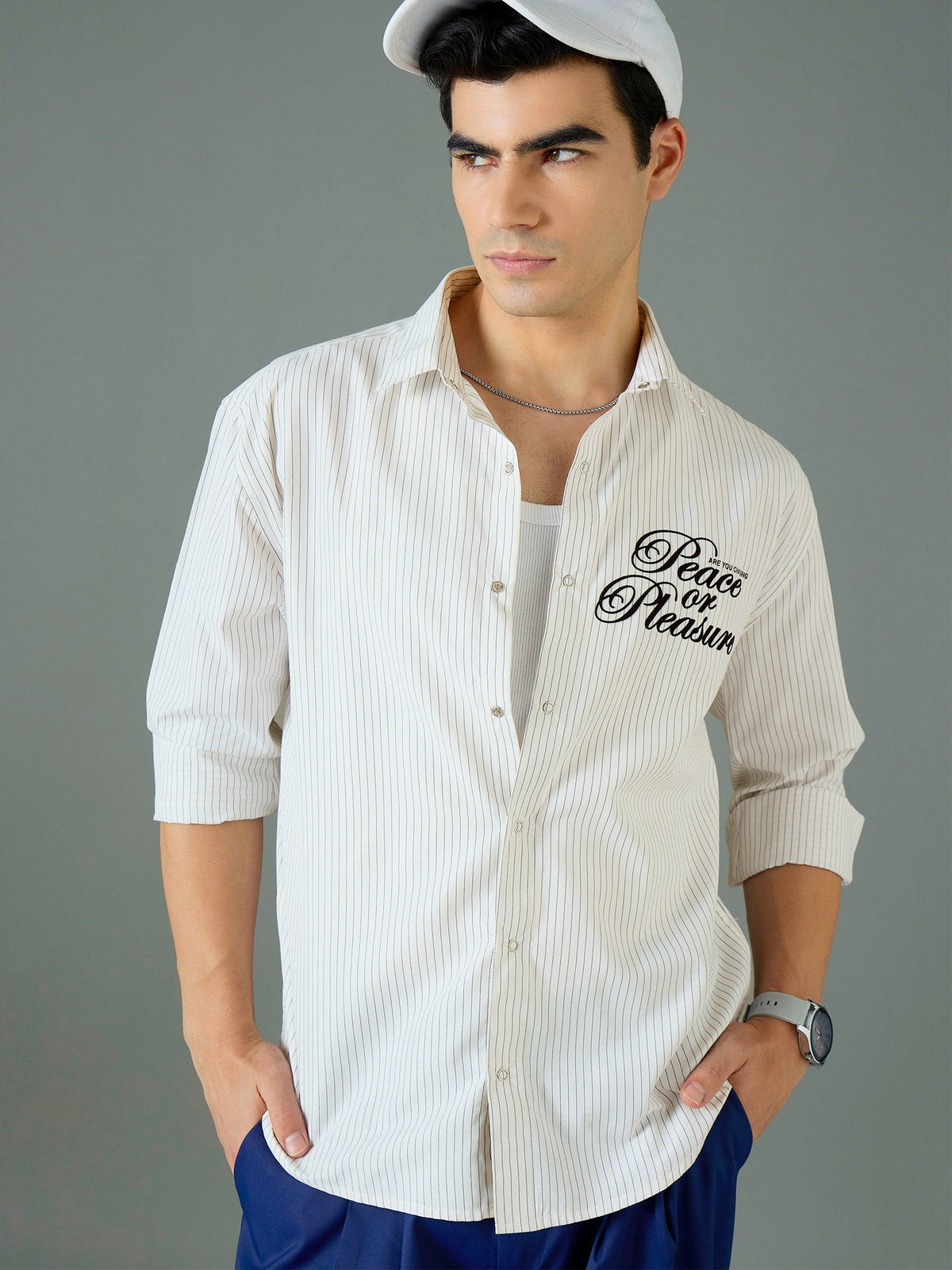 White & Blue PEACE OR PLEASURE Relax Fit Shirt-MASCLN SASSAFRAS